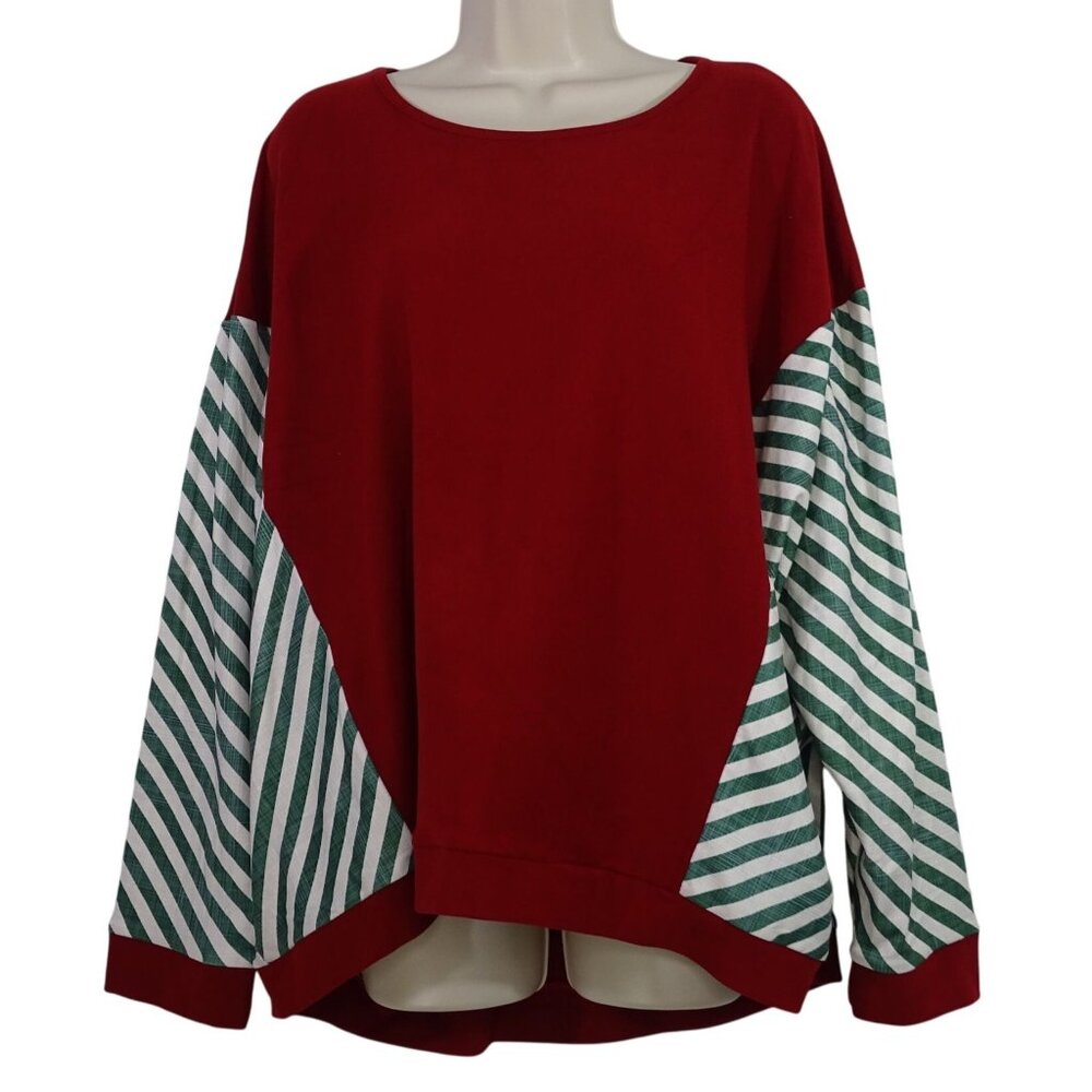 Nuggles Burgundy Red Green Striped Knit Top Women Plus Size 3X Long Sleeve NEW